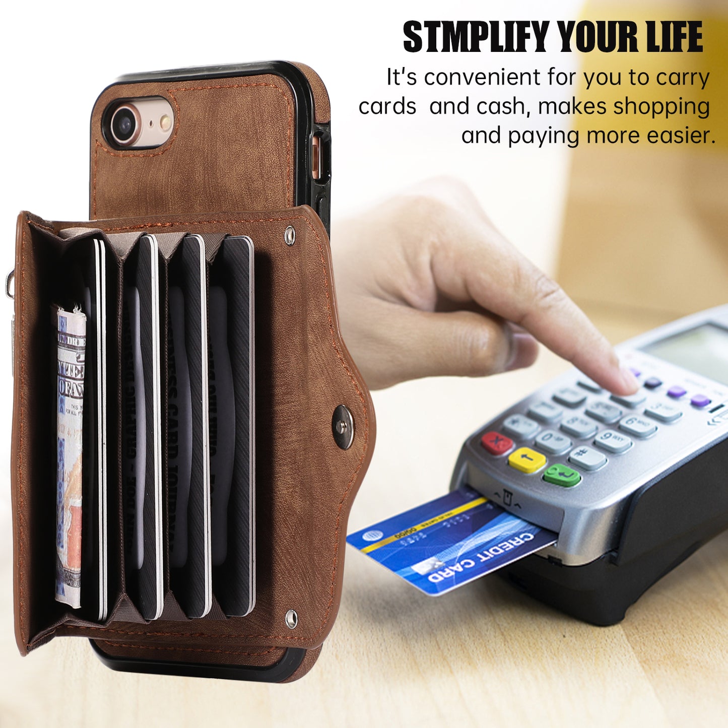 For iPhone 7 / 8 / SE (2020) / SE (2022) RFID Blocking Card Bag Phone Case Kickstand PU Leather+TPU Cover