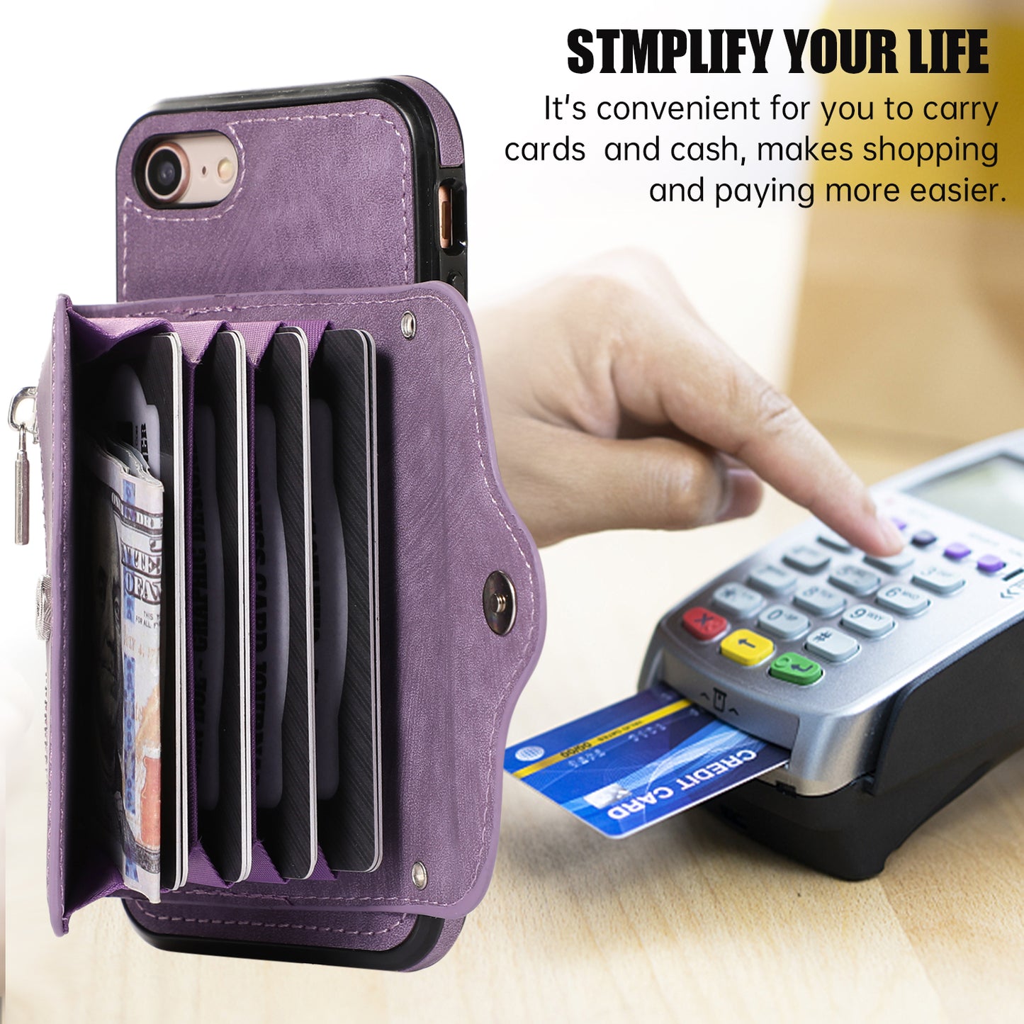 For iPhone 7 / 8 / SE (2020) / SE (2022) RFID Blocking Card Bag Phone Case Kickstand PU Leather+TPU Cover