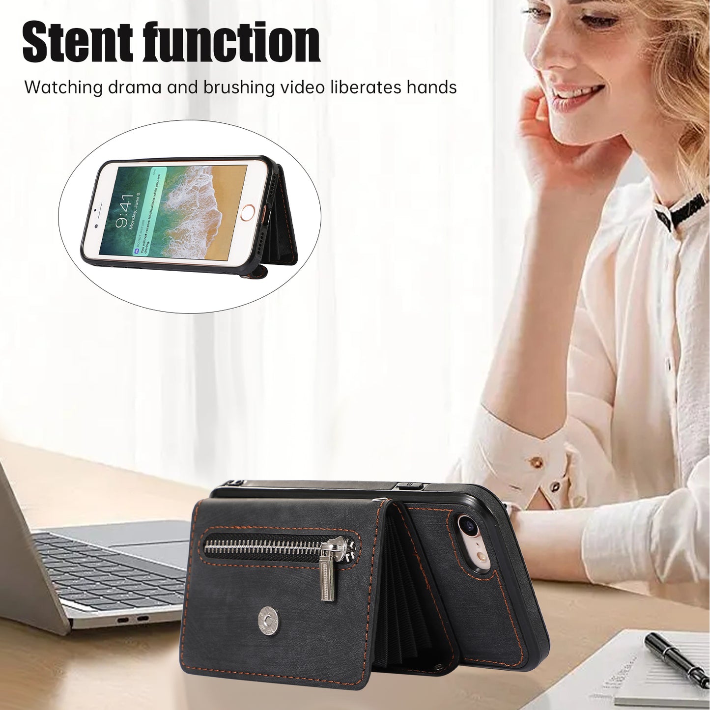 For iPhone 7 / 8 / SE (2020) / SE (2022) RFID Blocking Card Bag Phone Case Kickstand PU Leather+TPU Cover