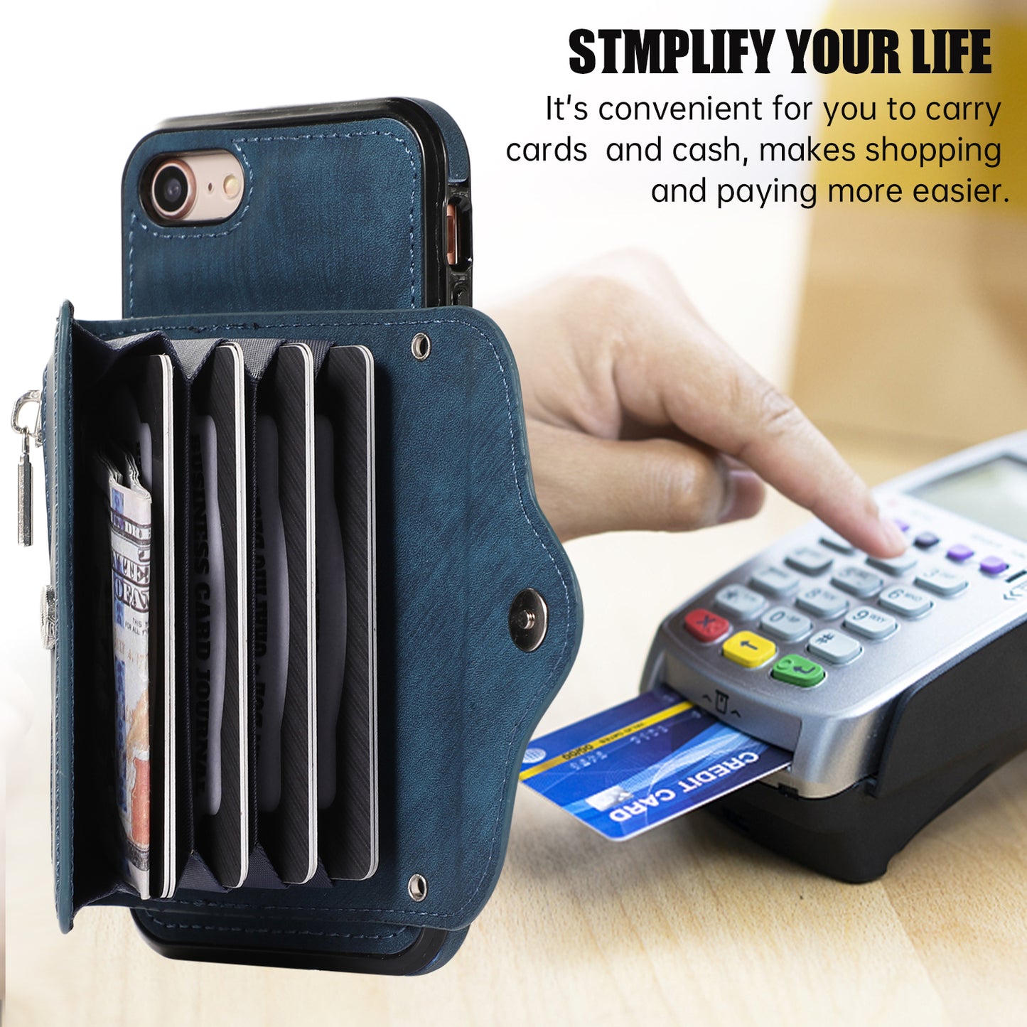 For iPhone 7 / 8 / SE (2020) / SE (2022) RFID Blocking Card Bag Phone Case Kickstand PU Leather+TPU Cover