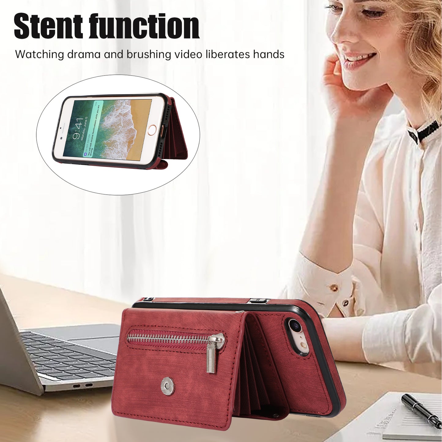 For iPhone 7 / 8 / SE (2020) / SE (2022) RFID Blocking Card Bag Phone Case Kickstand PU Leather+TPU Cover