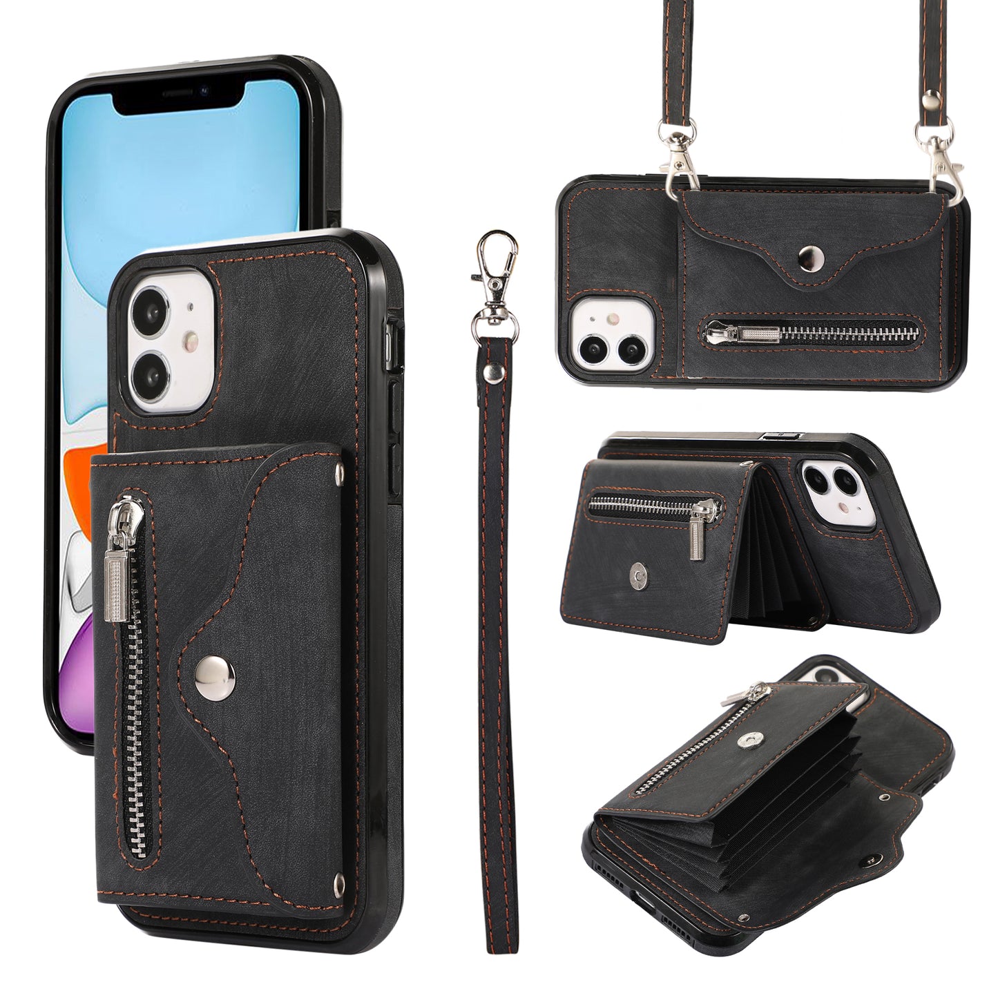 PU Leather+TPU Cover for iPhone 11 RFID Blocking Card Bag Phone Case with Kickstand