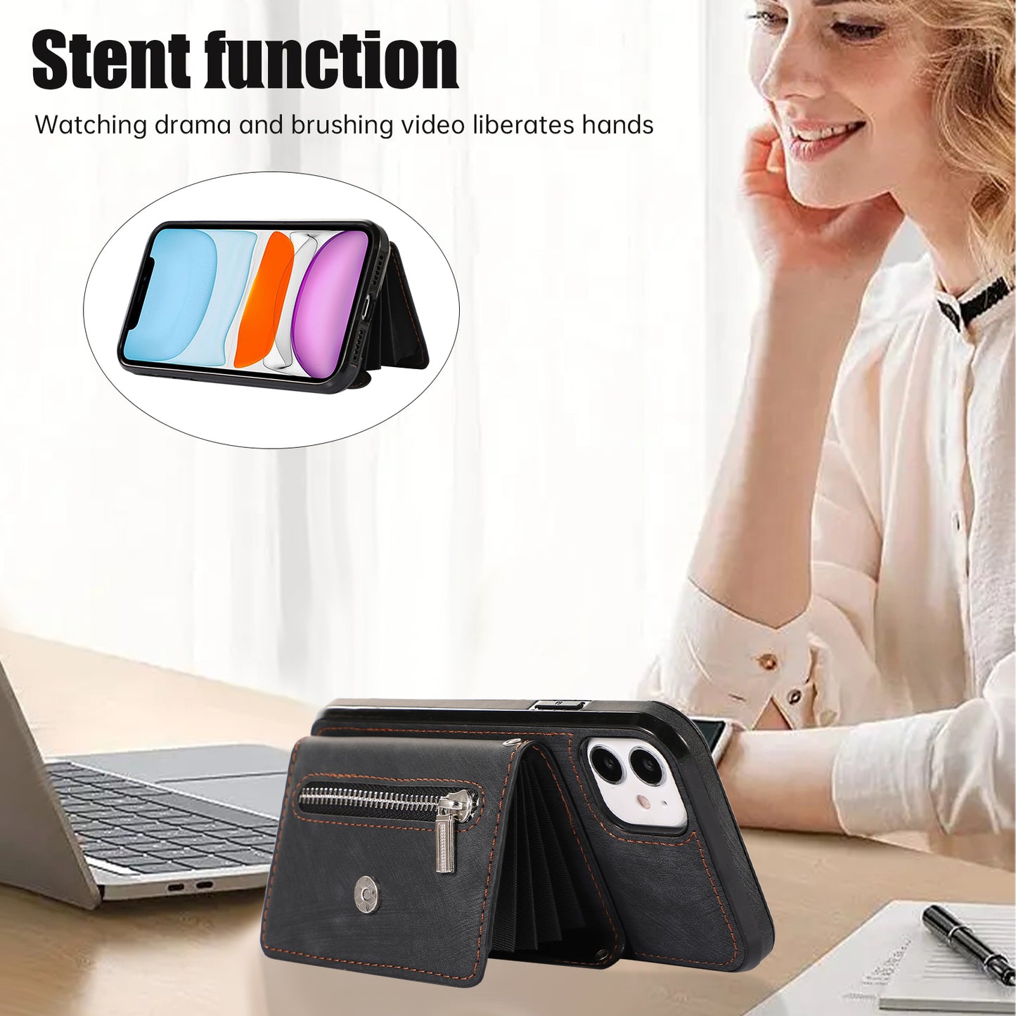 PU Leather+TPU Cover for iPhone 11 RFID Blocking Card Bag Phone Case with Kickstand