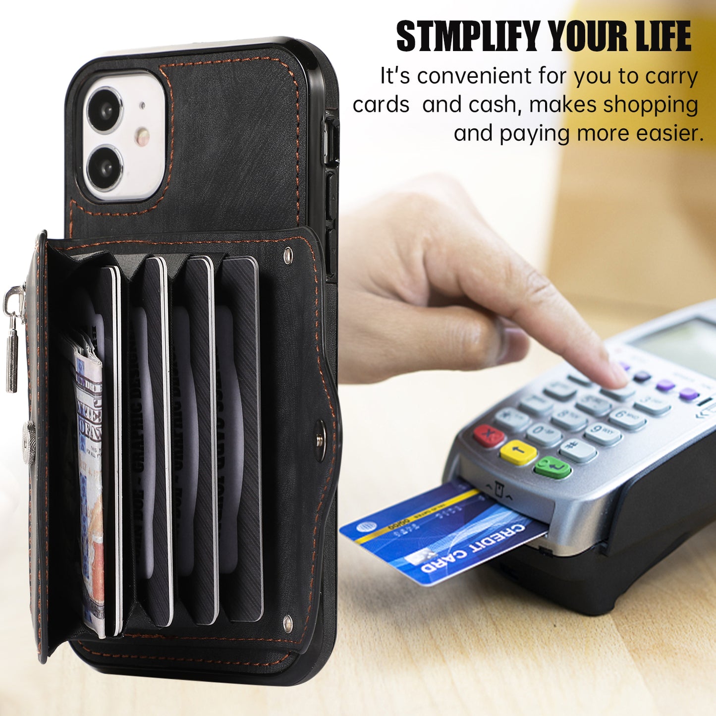 PU Leather+TPU Cover for iPhone 11 RFID Blocking Card Bag Phone Case with Kickstand