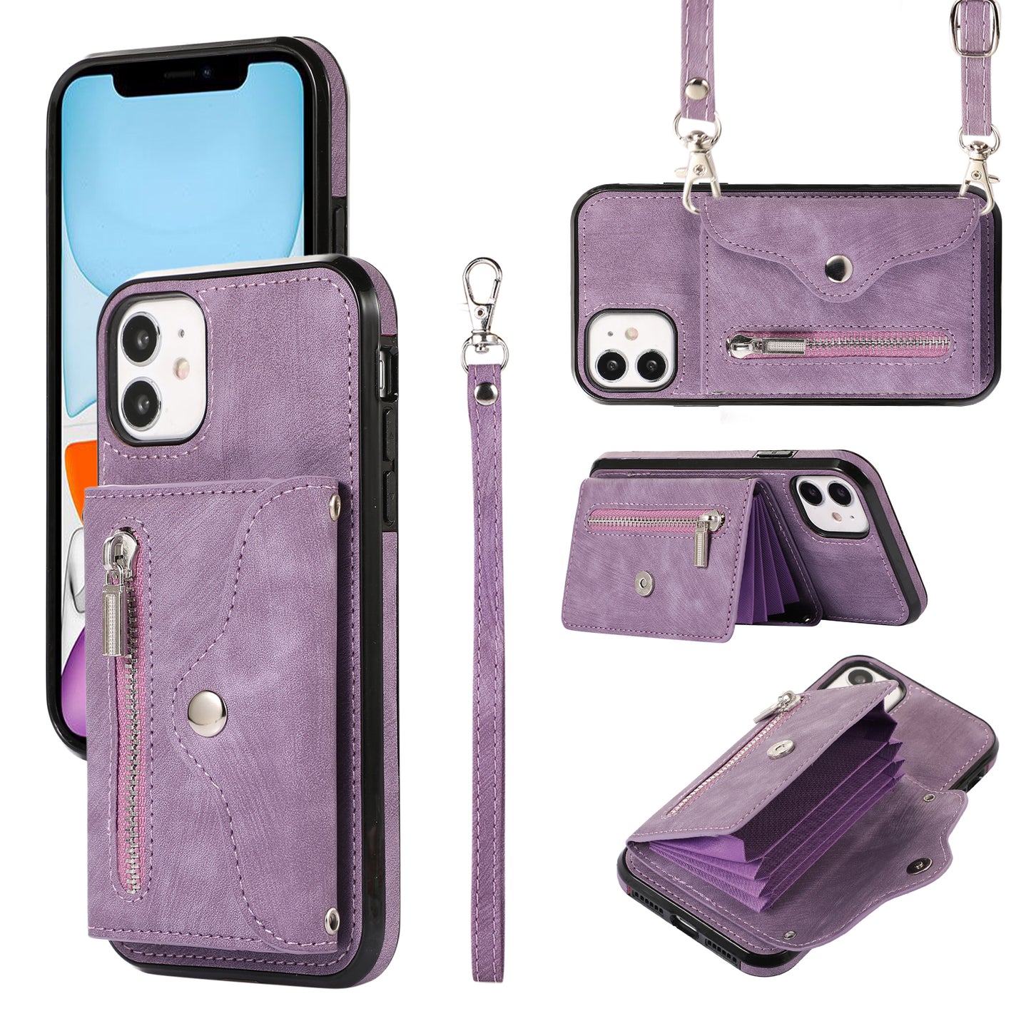 PU Leather+TPU Cover for iPhone 11 RFID Blocking Card Bag Phone Case with Kickstand