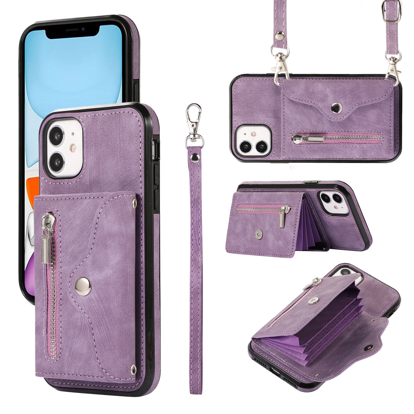 PU Leather+TPU Cover for iPhone 11 RFID Blocking Card Bag Phone Case with Kickstand