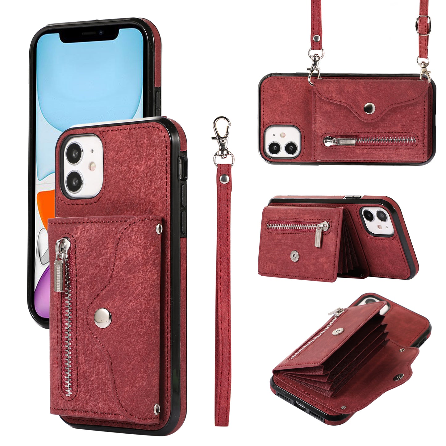 PU Leather+TPU Cover for iPhone 11 RFID Blocking Card Bag Phone Case with Kickstand