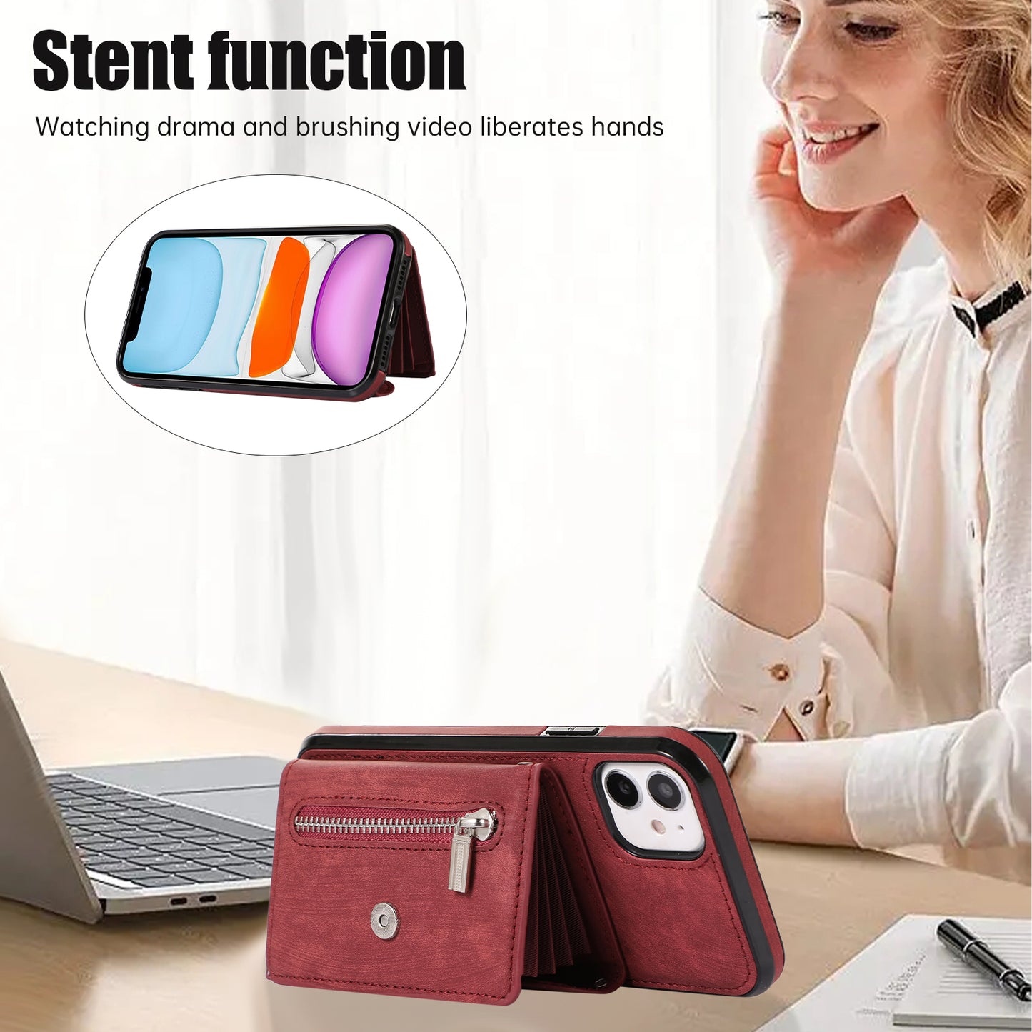 PU Leather+TPU Cover for iPhone 11 RFID Blocking Card Bag Phone Case with Kickstand