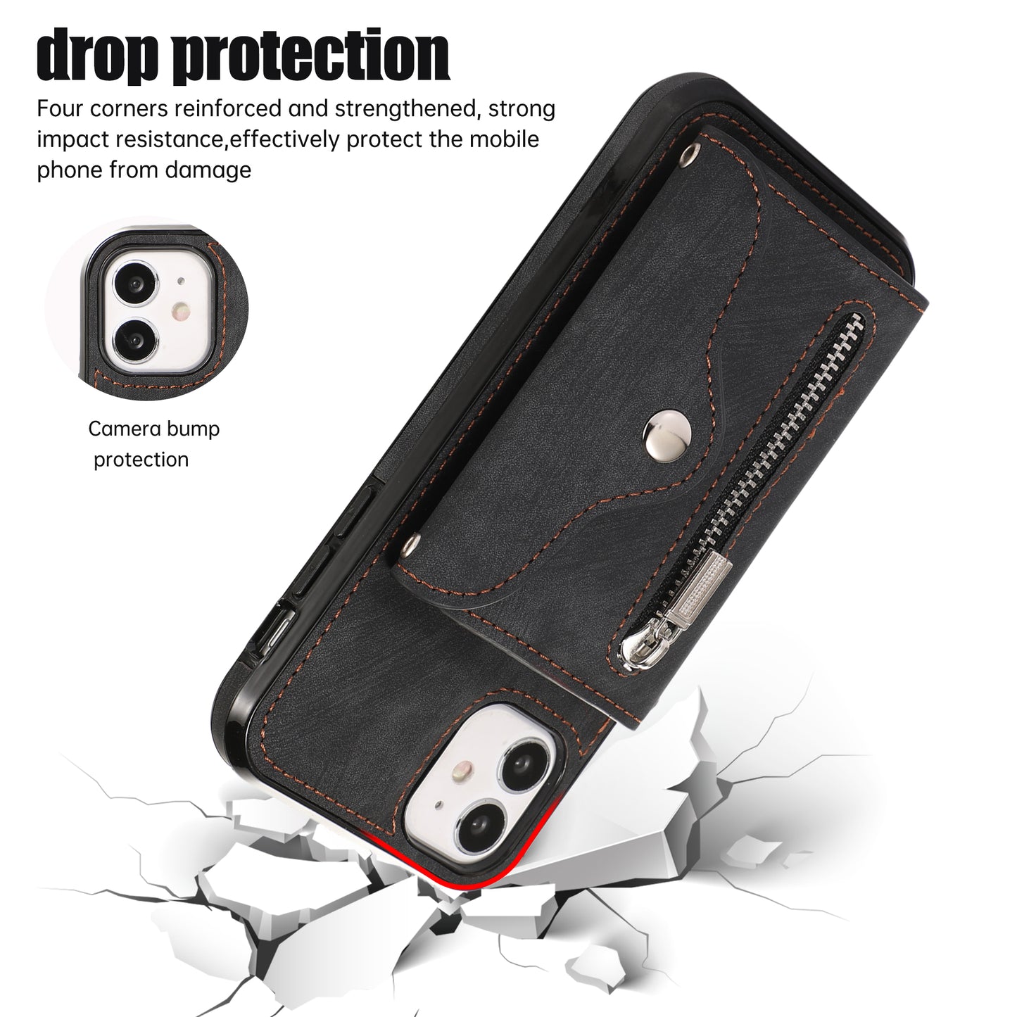 For iPhone 12 mini 5.4 inch RFID Blocking Card Bag Anti-drop Phone Case Kickstand PU Leather+TPU Cover