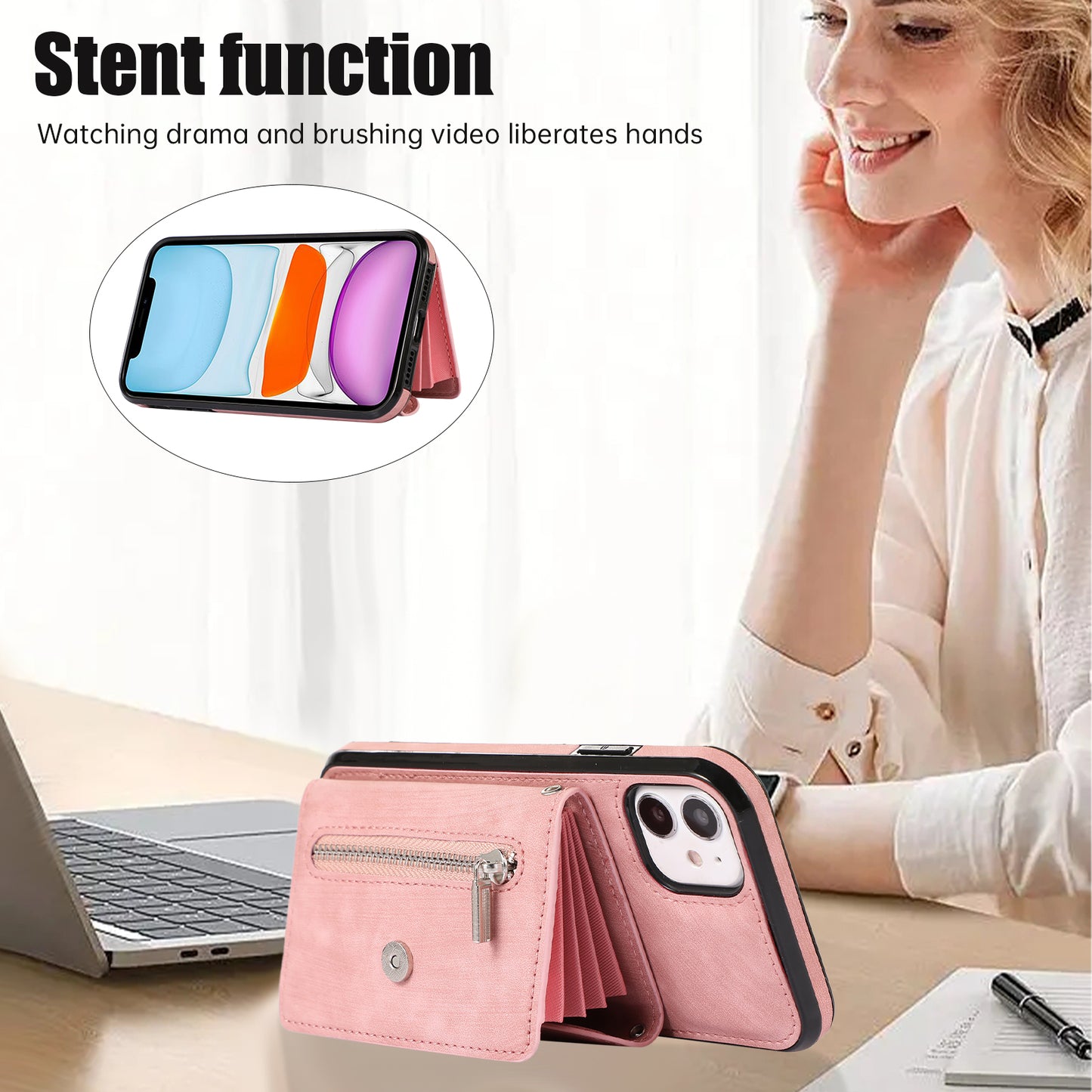 For iPhone 12 mini 5.4 inch RFID Blocking Card Bag Anti-drop Phone Case Kickstand PU Leather+TPU Cover