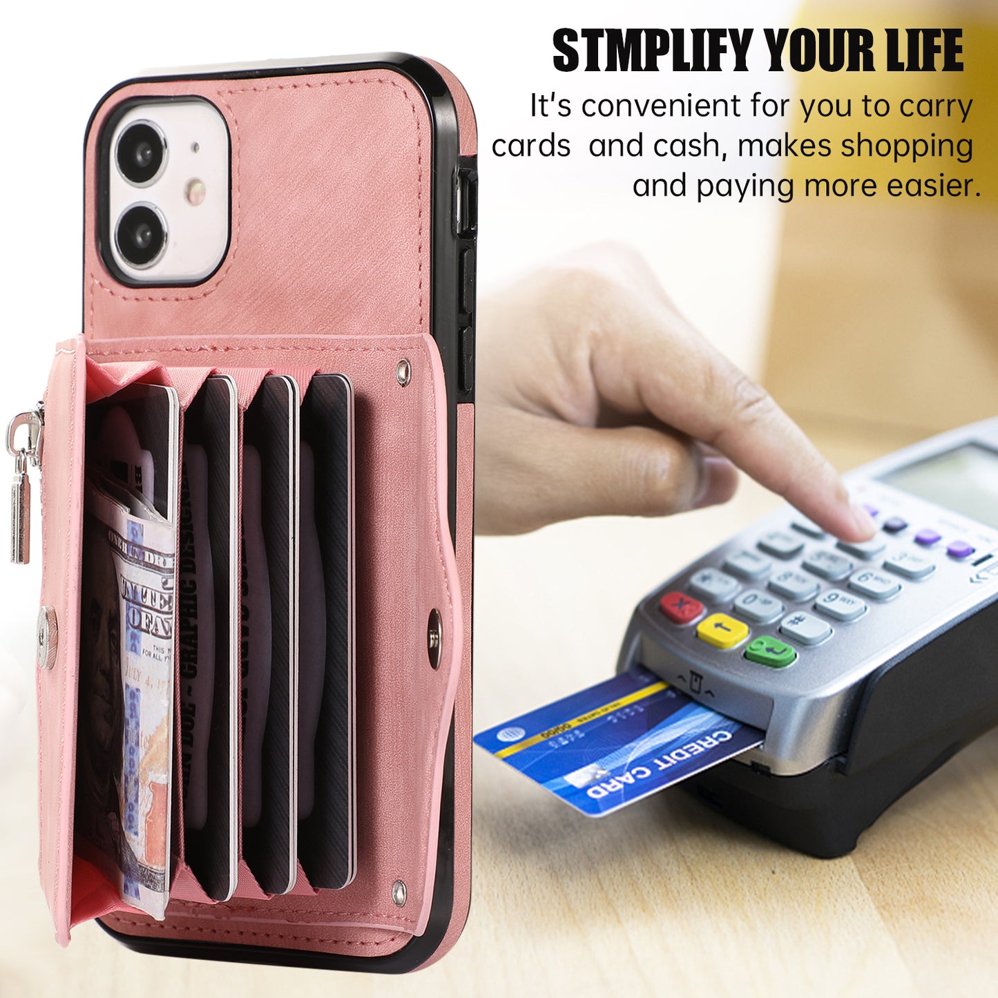 For iPhone 12 mini 5.4 inch RFID Blocking Card Bag Anti-drop Phone Case Kickstand PU Leather+TPU Cover