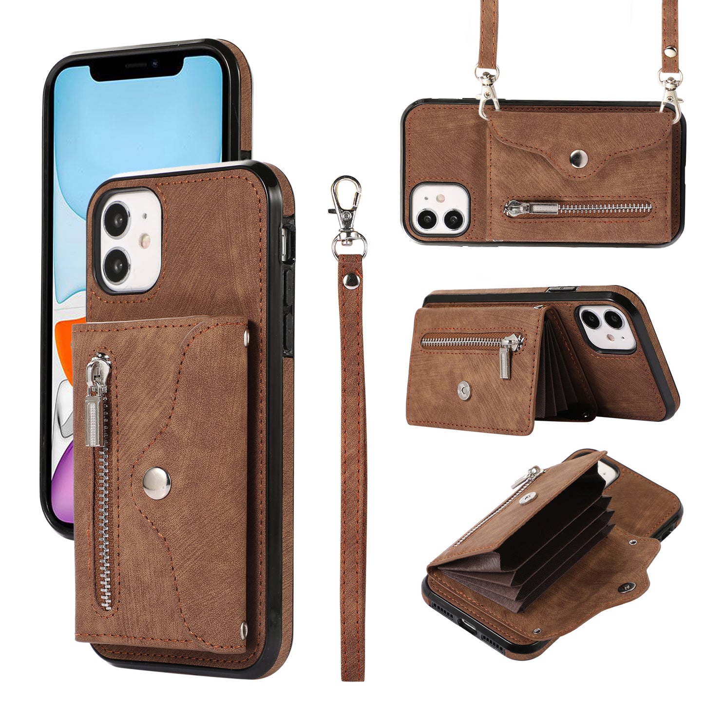 For iPhone 12 mini 5.4 inch RFID Blocking Card Bag Anti-drop Phone Case Kickstand PU Leather+TPU Cover