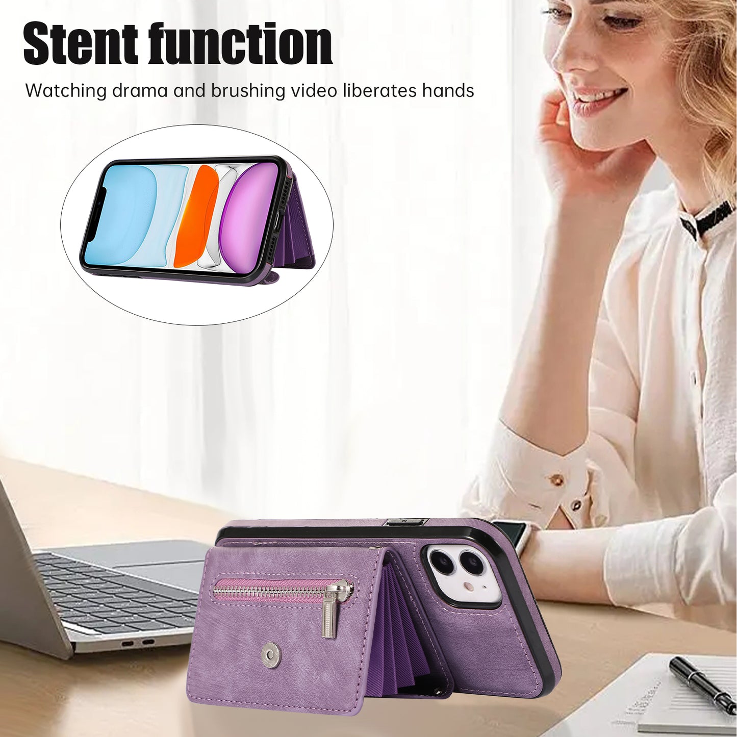 For iPhone 12 mini 5.4 inch RFID Blocking Card Bag Anti-drop Phone Case Kickstand PU Leather+TPU Cover