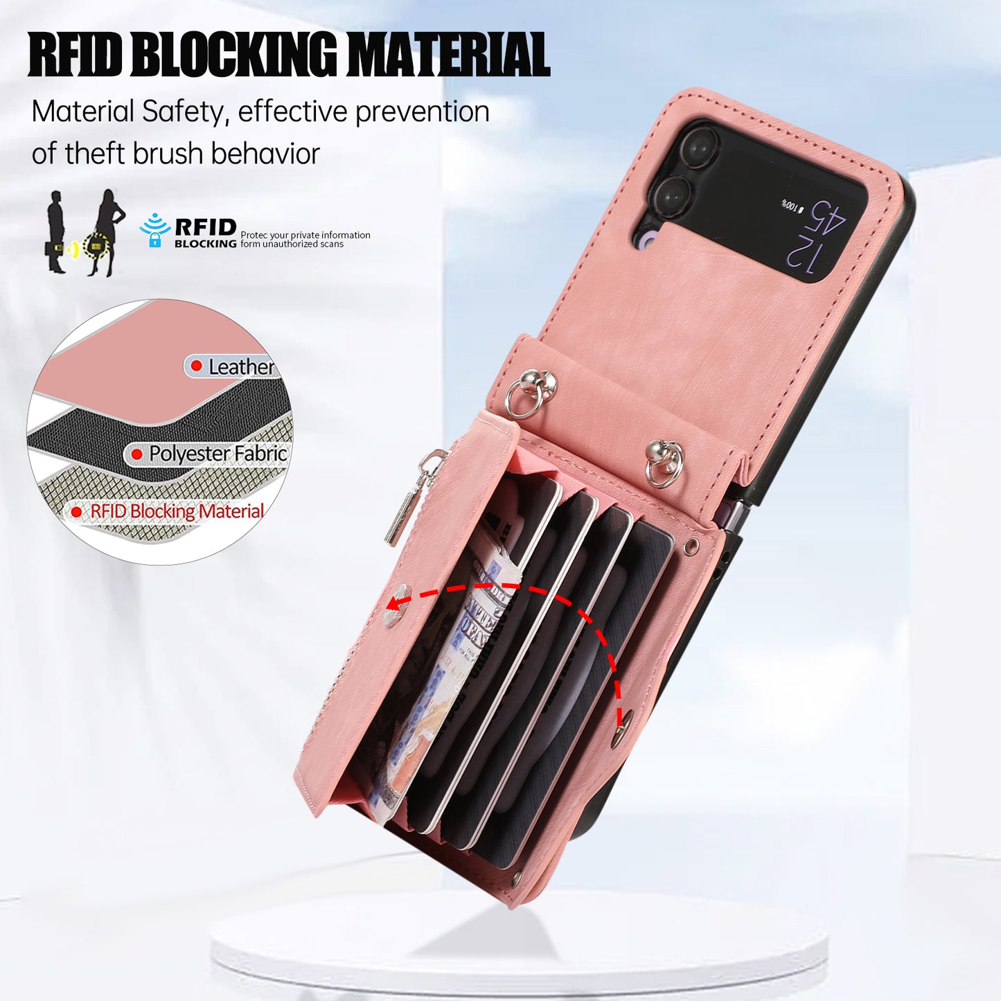 Kickstand Phone Case for Samsung Galaxy Z Flip4 5G RFID Blocking Card Bag PU Leather+TPU Cover