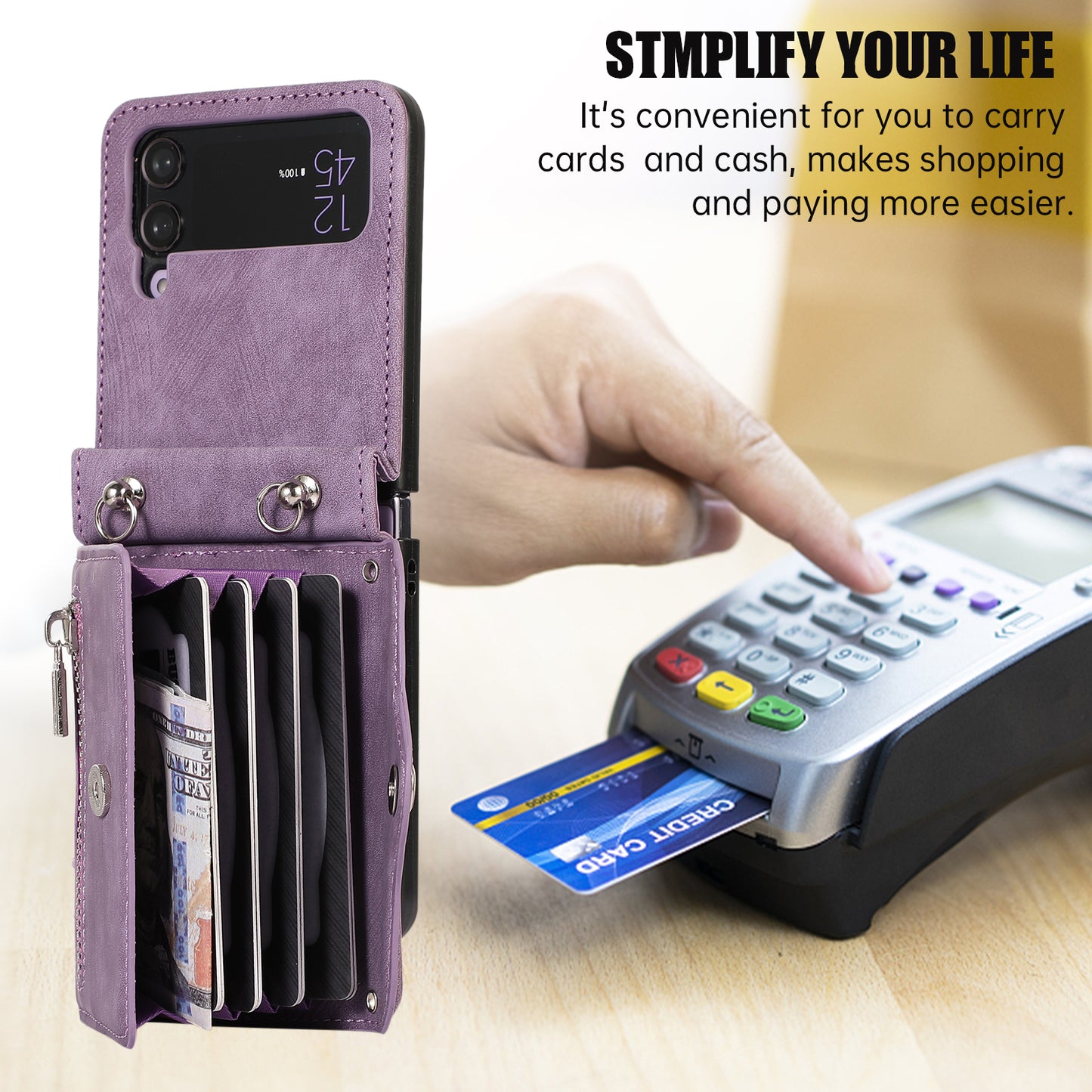 Kickstand Phone Case for Samsung Galaxy Z Flip4 5G RFID Blocking Card Bag PU Leather+TPU Cover
