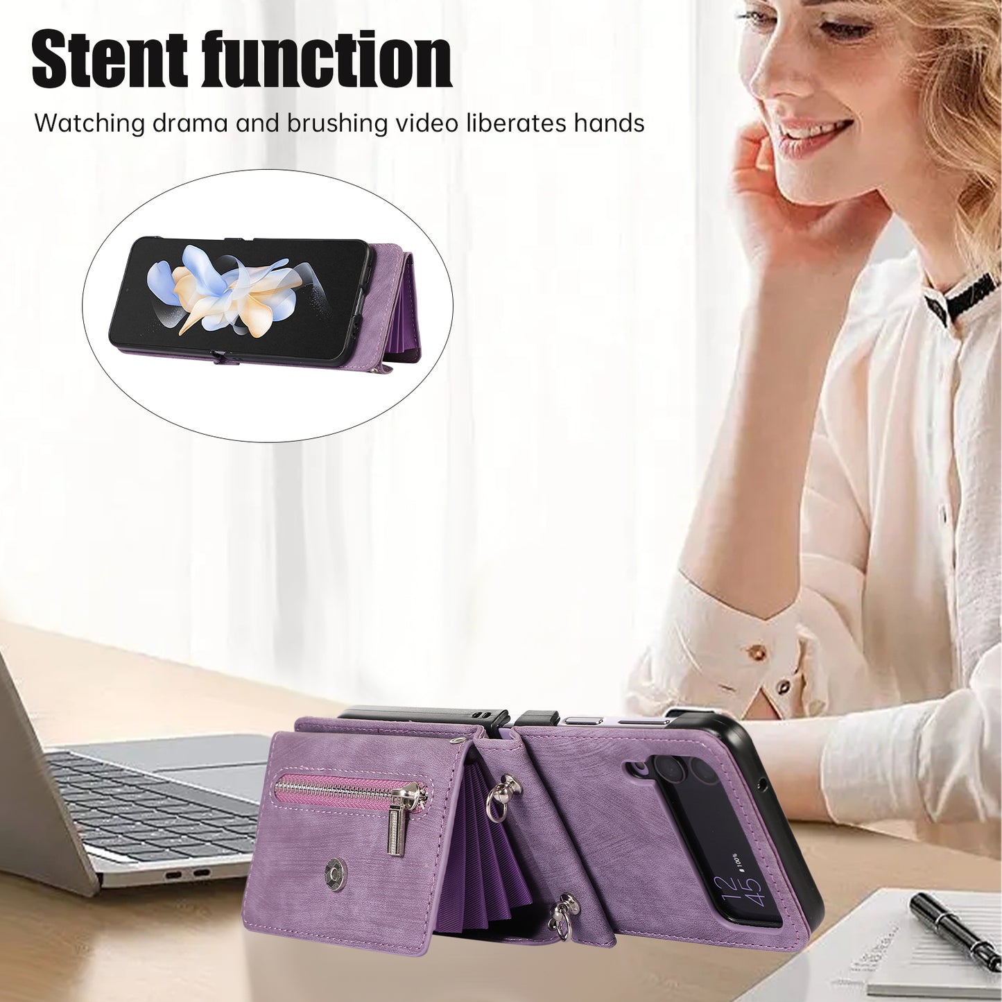 Kickstand Phone Case for Samsung Galaxy Z Flip4 5G RFID Blocking Card Bag PU Leather+TPU Cover