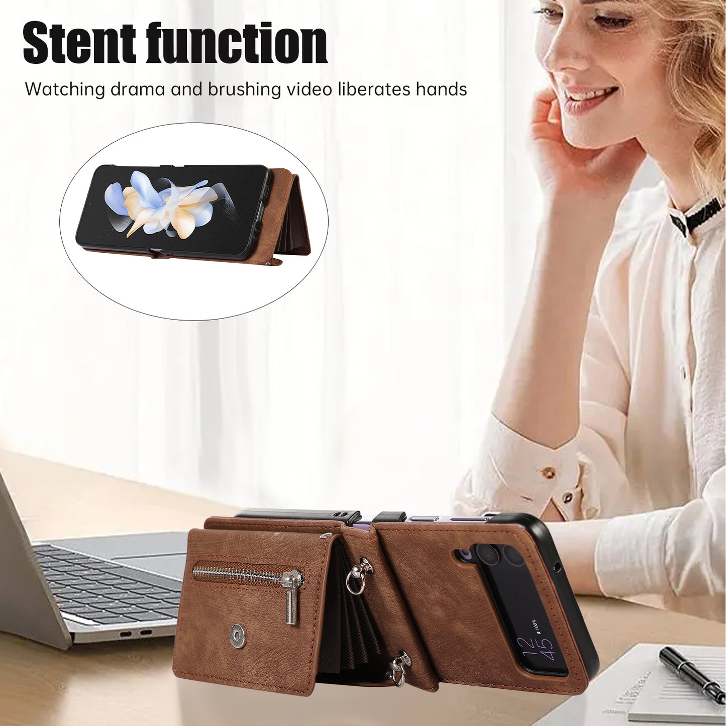 Kickstand Phone Case for Samsung Galaxy Z Flip4 5G RFID Blocking Card Bag PU Leather+TPU Cover