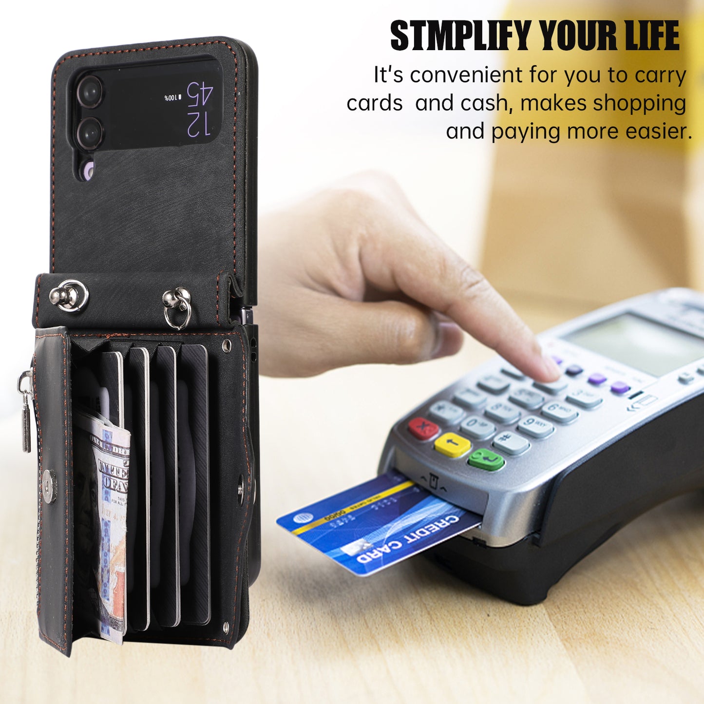 Kickstand Phone Case for Samsung Galaxy Z Flip4 5G RFID Blocking Card Bag PU Leather+TPU Cover