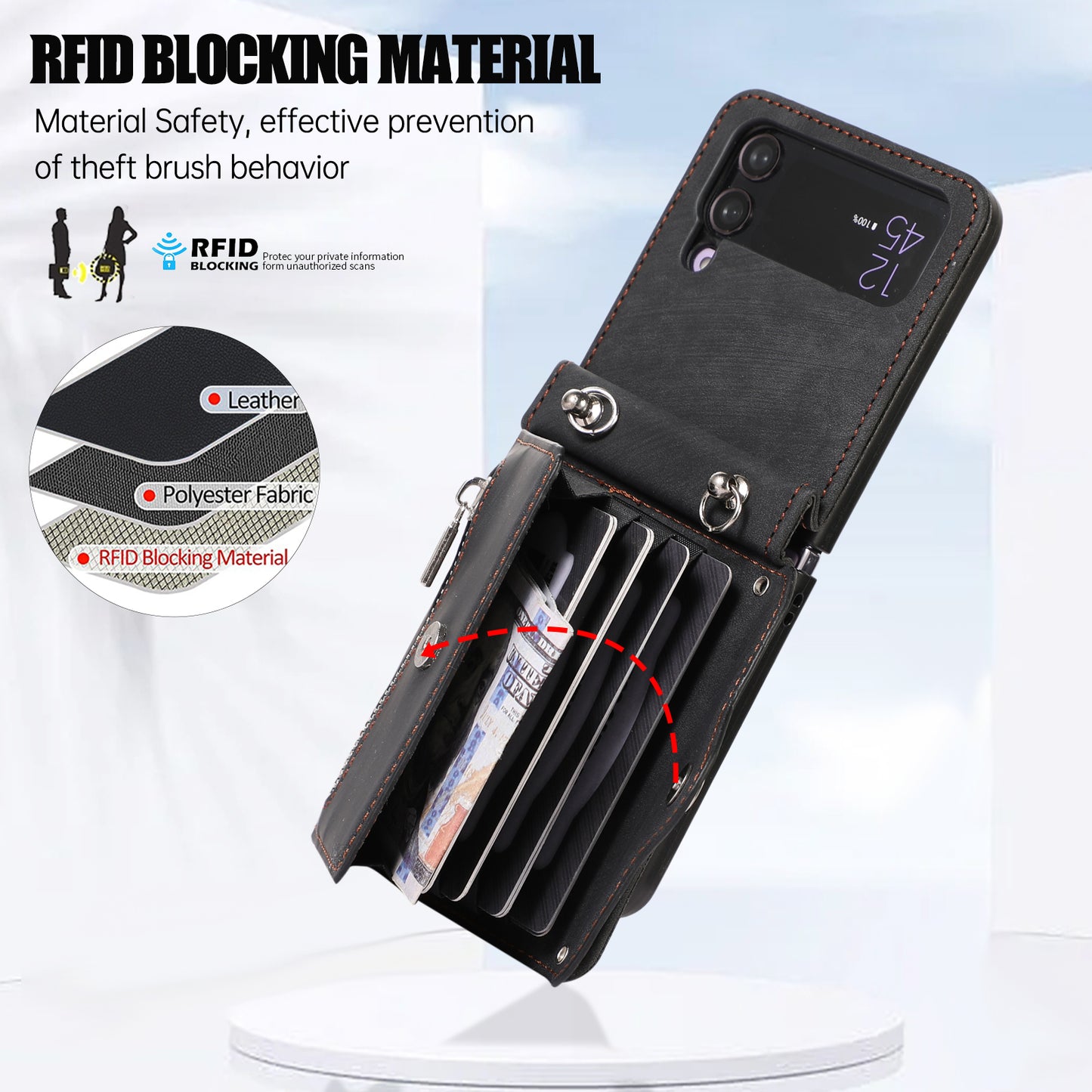 Kickstand Phone Case for Samsung Galaxy Z Flip4 5G RFID Blocking Card Bag PU Leather+TPU Cover