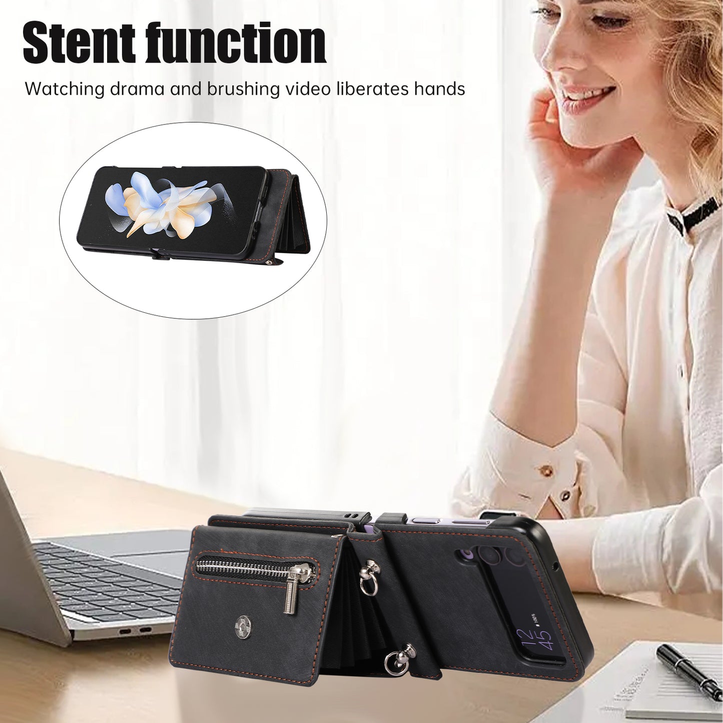 Kickstand Phone Case for Samsung Galaxy Z Flip4 5G RFID Blocking Card Bag PU Leather+TPU Cover