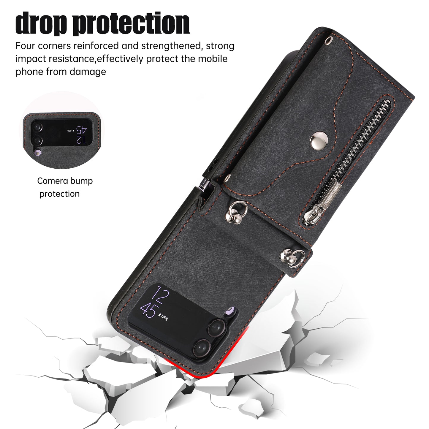 Kickstand Phone Case for Samsung Galaxy Z Flip4 5G RFID Blocking Card Bag PU Leather+TPU Cover