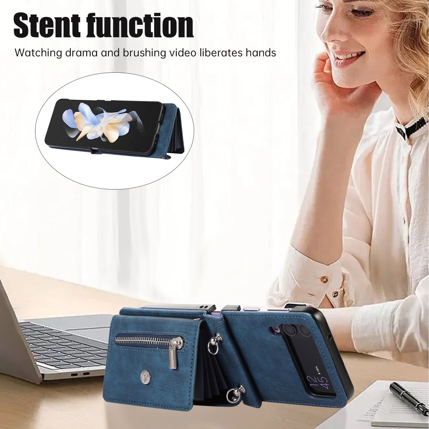 Kickstand Phone Case for Samsung Galaxy Z Flip4 5G RFID Blocking Card Bag PU Leather+TPU Cover