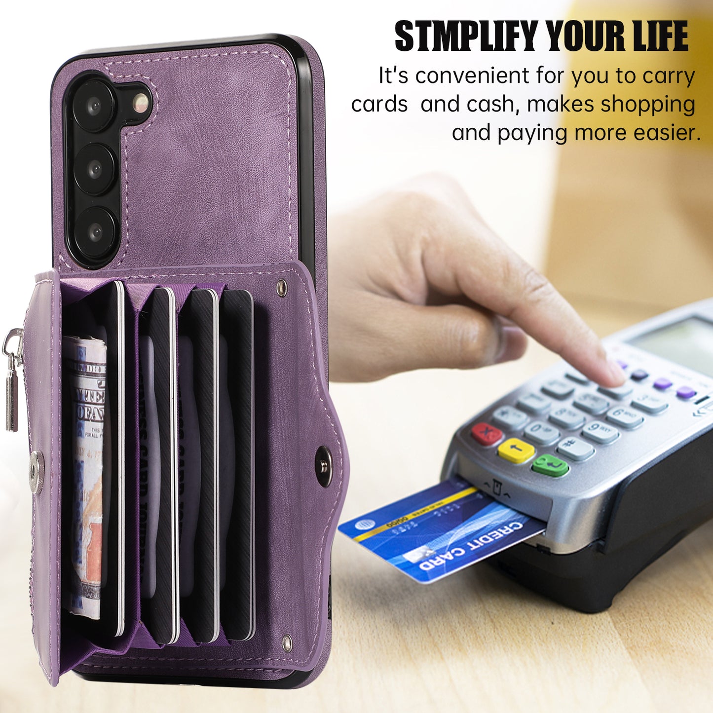 For Samsung Galaxy S23+ RFID Blocking Card Bag Shockproof Phone Case Kickstand PU Leather+TPU Cover
