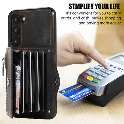 For Samsung Galaxy S23+ RFID Blocking Card Bag Shockproof Phone Case Kickstand PU Leather+TPU Cover