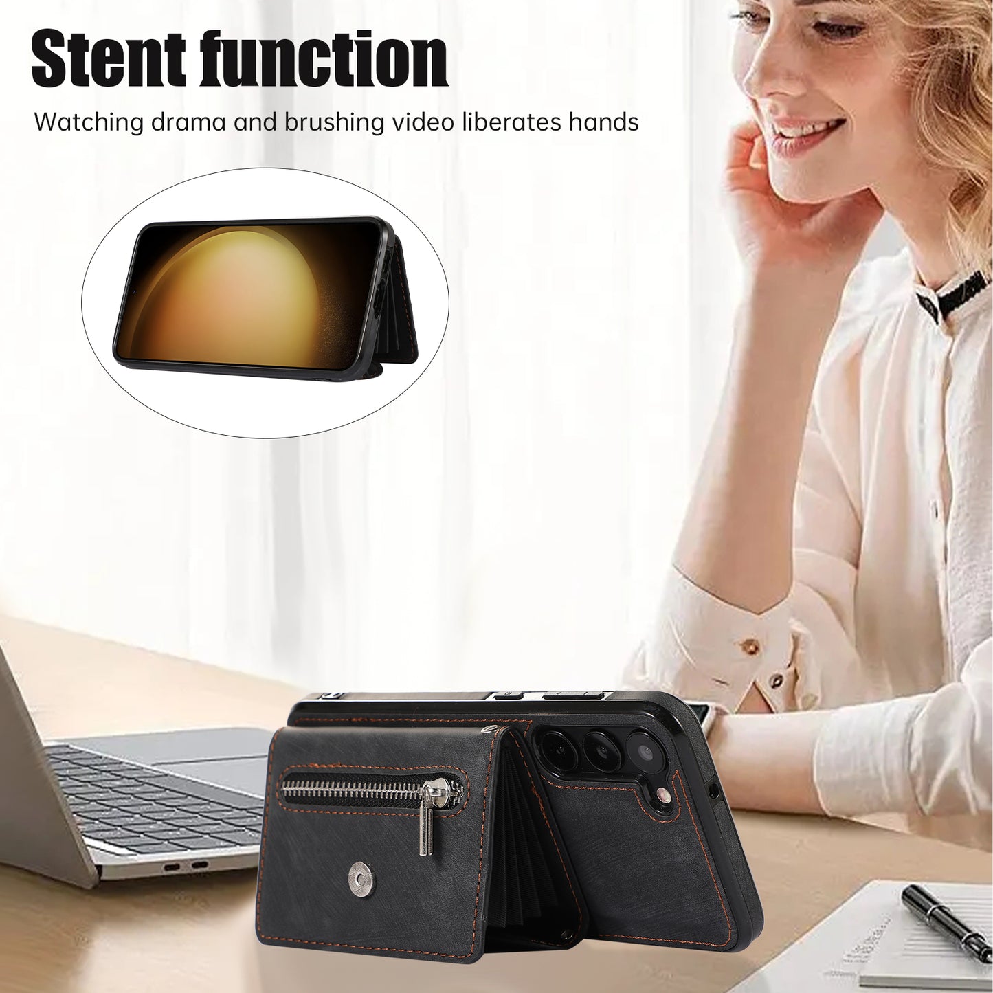 For Samsung Galaxy S23+ RFID Blocking Card Bag Shockproof Phone Case Kickstand PU Leather+TPU Cover