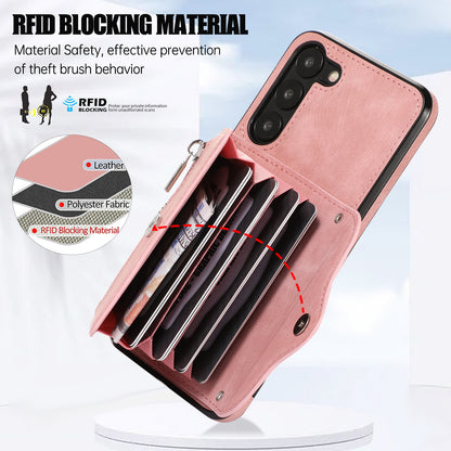 For Samsung Galaxy S23+ RFID Blocking Card Bag Shockproof Phone Case Kickstand PU Leather+TPU Cover
