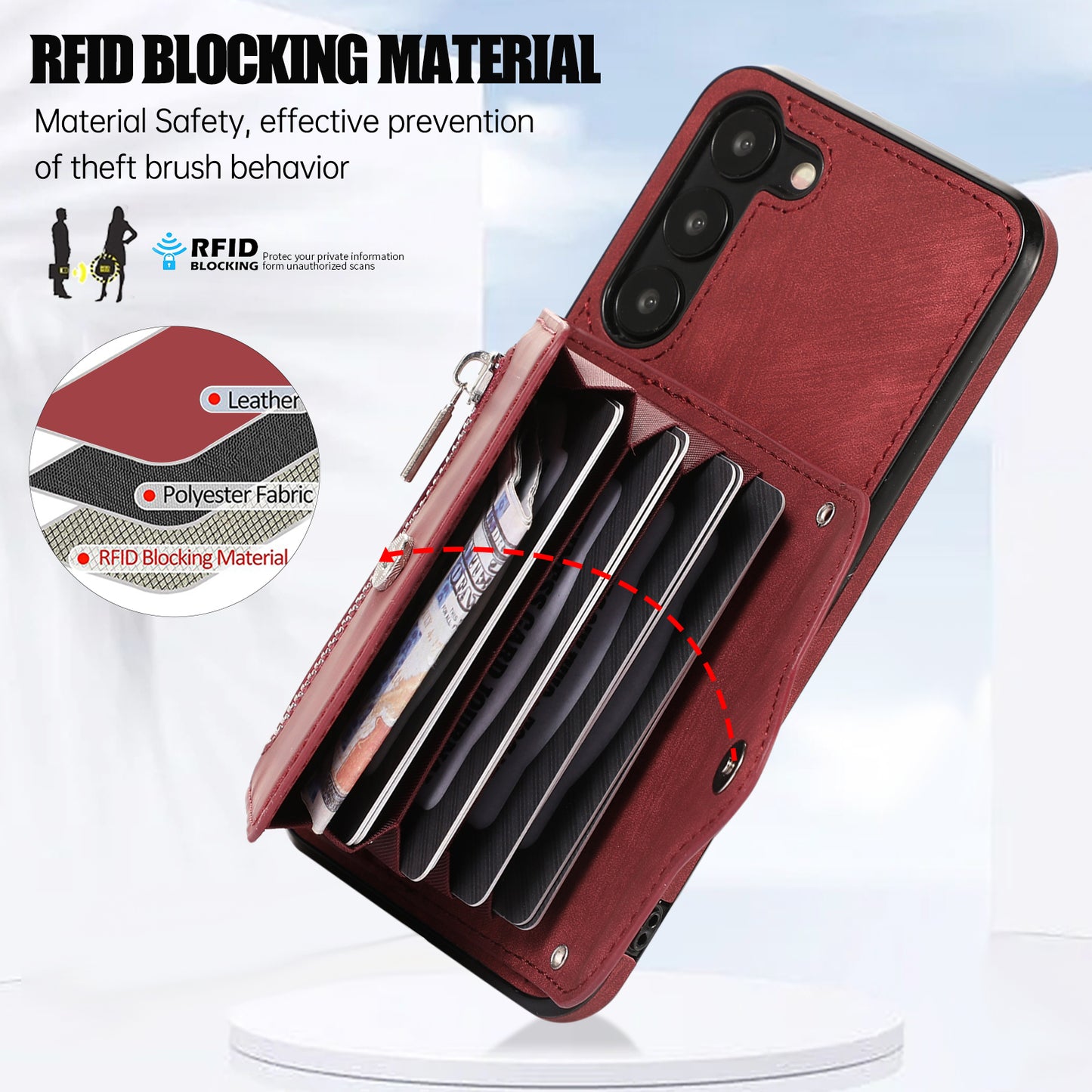 For Samsung Galaxy S23+ RFID Blocking Card Bag Shockproof Phone Case Kickstand PU Leather+TPU Cover