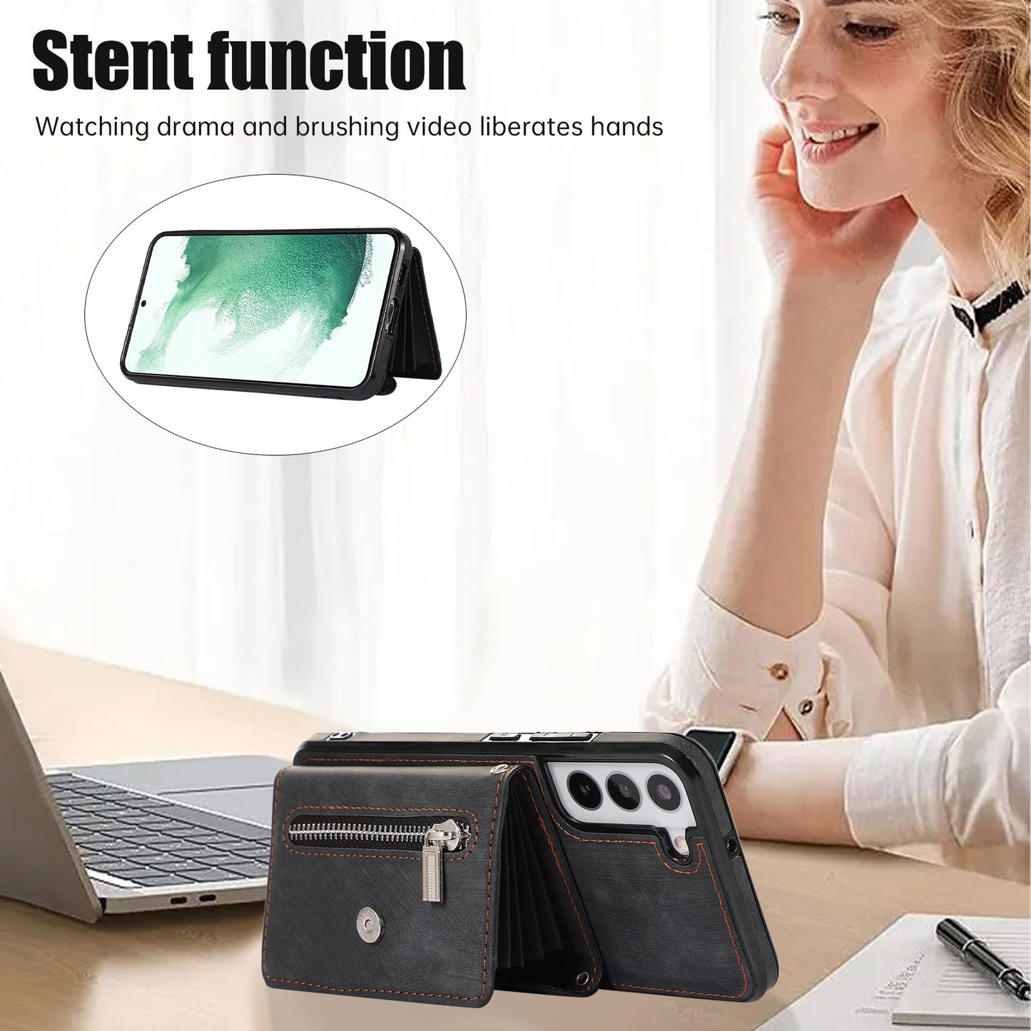 For Samsung Galaxy S22 5G Phone Case Kickstand RFID Blocking Card Bag PU Leather+TPU Cover