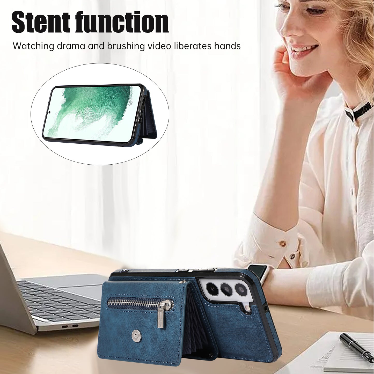 For Samsung Galaxy S22 5G Phone Case Kickstand RFID Blocking Card Bag PU Leather+TPU Cover