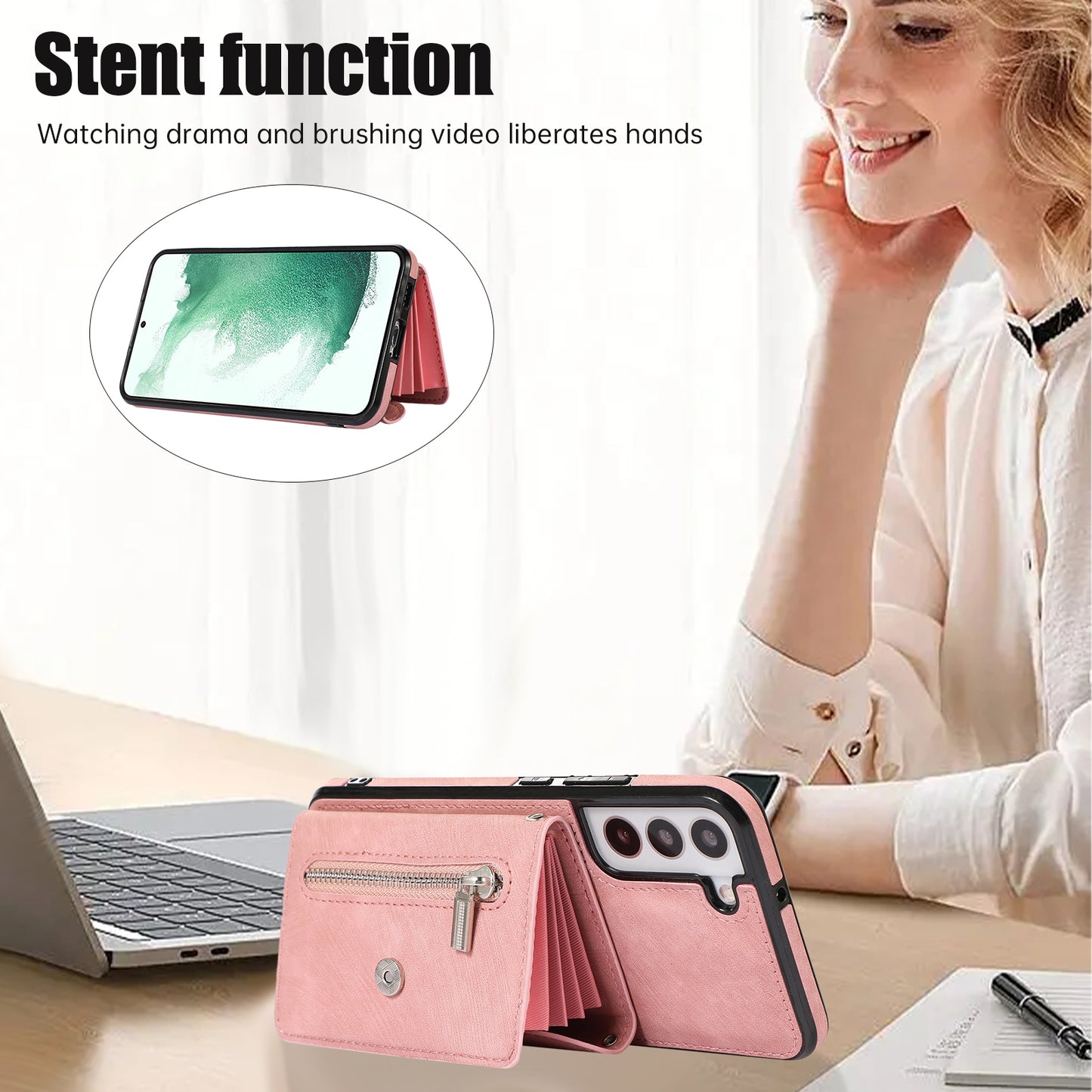 For Samsung Galaxy S22 5G Phone Case Kickstand RFID Blocking Card Bag PU Leather+TPU Cover