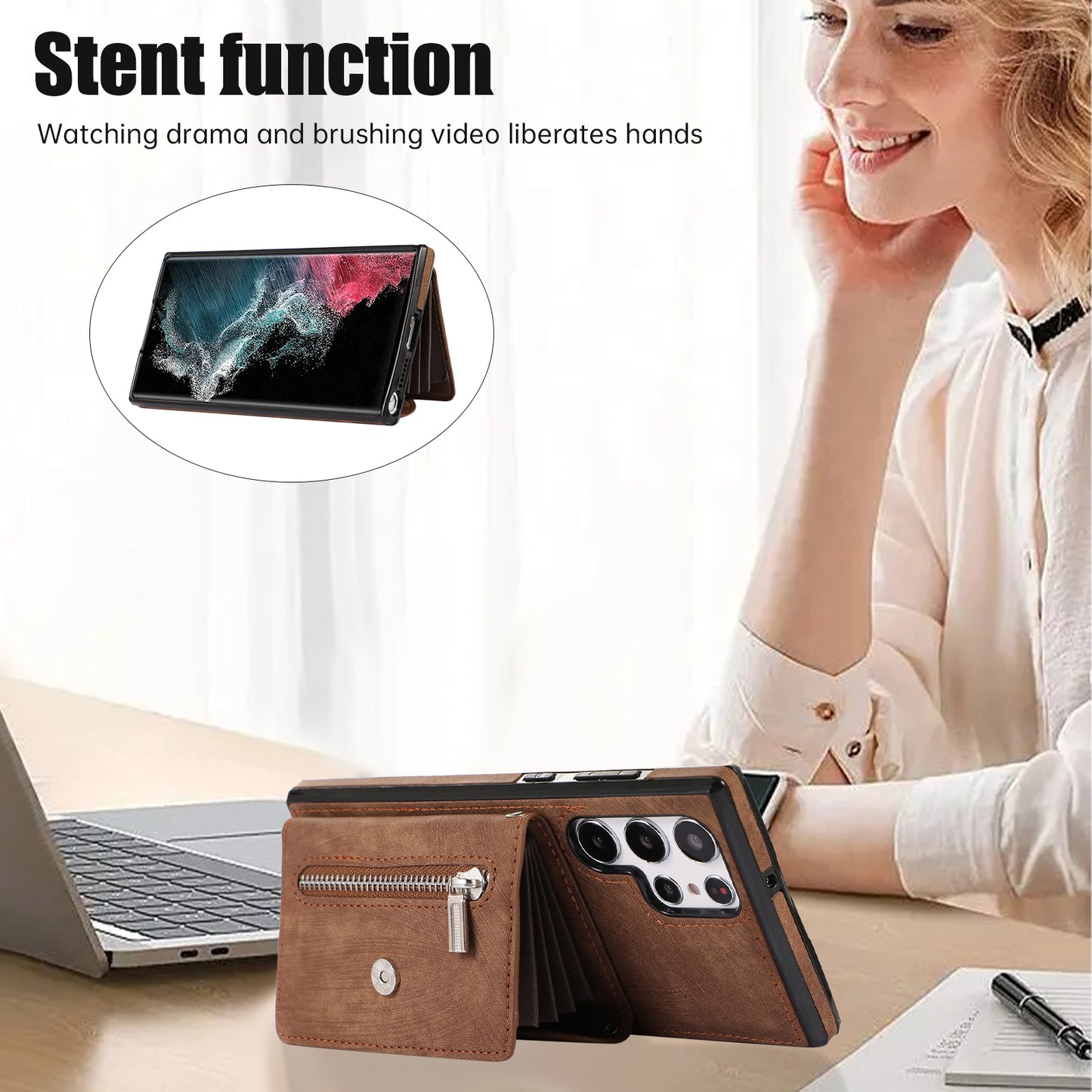 For Samsung Galaxy S22 Ultra 5G PU Leather+TPU Phone Case RFID Blocking Card Bag Cover with Kickstand