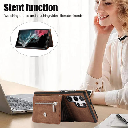 For Samsung Galaxy S22 Ultra 5G PU Leather+TPU Phone Case RFID Blocking Card Bag Cover with Kickstand