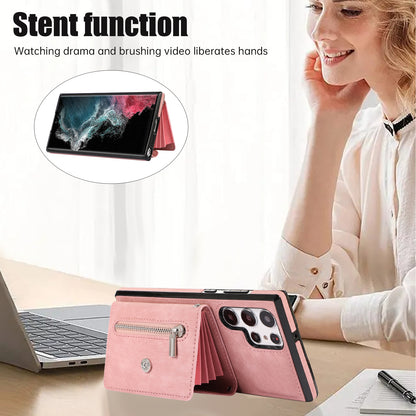 For Samsung Galaxy S22 Ultra 5G PU Leather+TPU Phone Case RFID Blocking Card Bag Cover with Kickstand