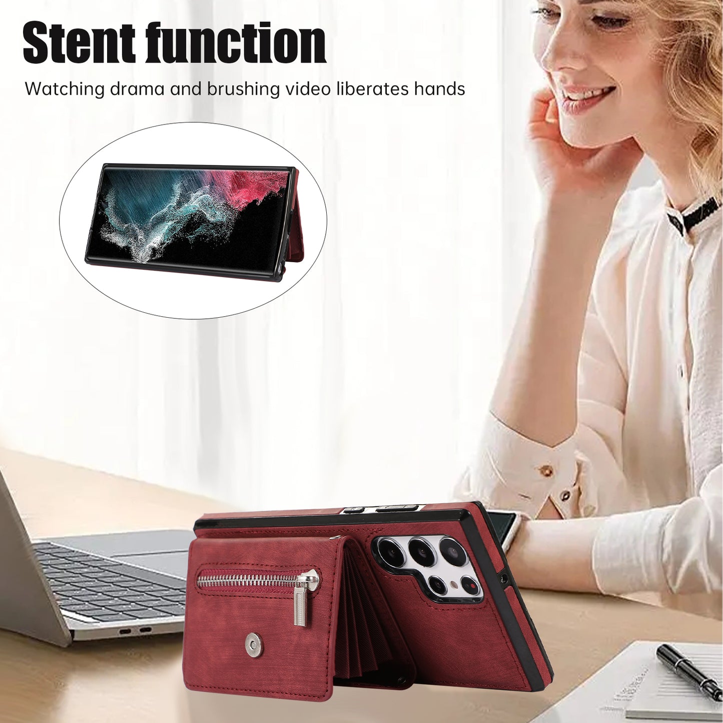 For Samsung Galaxy S22 Ultra 5G PU Leather+TPU Phone Case RFID Blocking Card Bag Cover with Kickstand