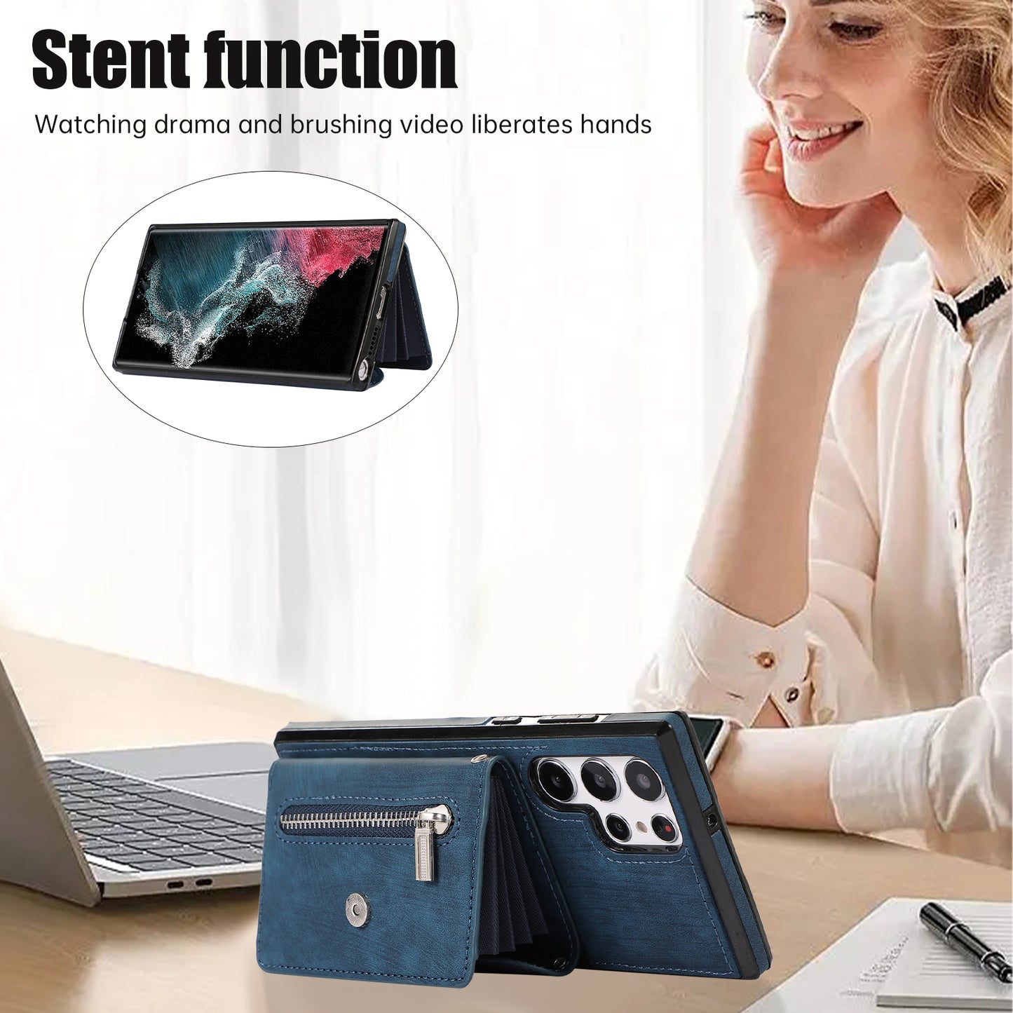 For Samsung Galaxy S22 Ultra 5G PU Leather+TPU Phone Case RFID Blocking Card Bag Cover with Kickstand