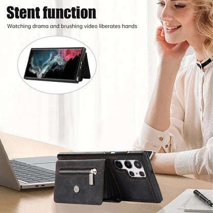For Samsung Galaxy S22 Ultra 5G PU Leather+TPU Phone Case RFID Blocking Card Bag Cover with Kickstand