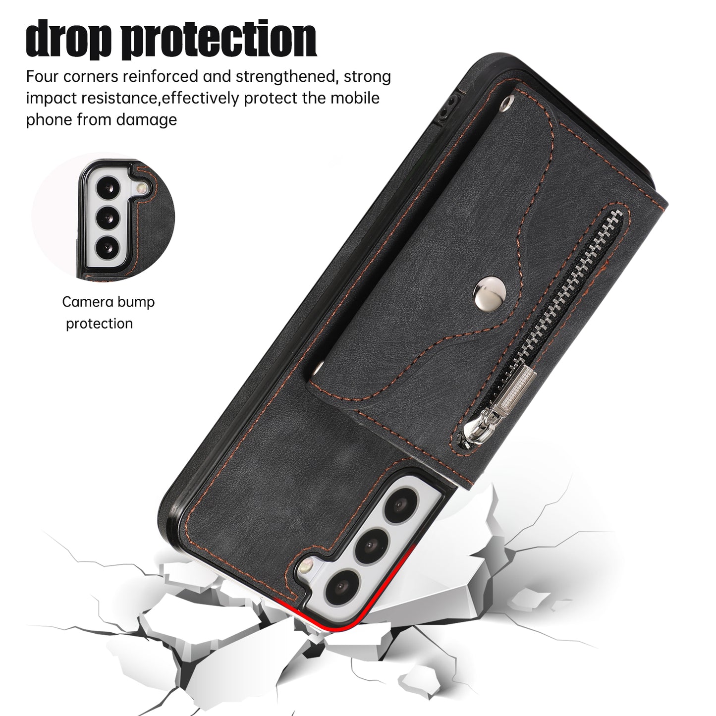 For Samsung Galaxy S21 FE 5G Smartphone Case Kickstand PU Leather+TPU Shell with RFID Blocking Card Bag