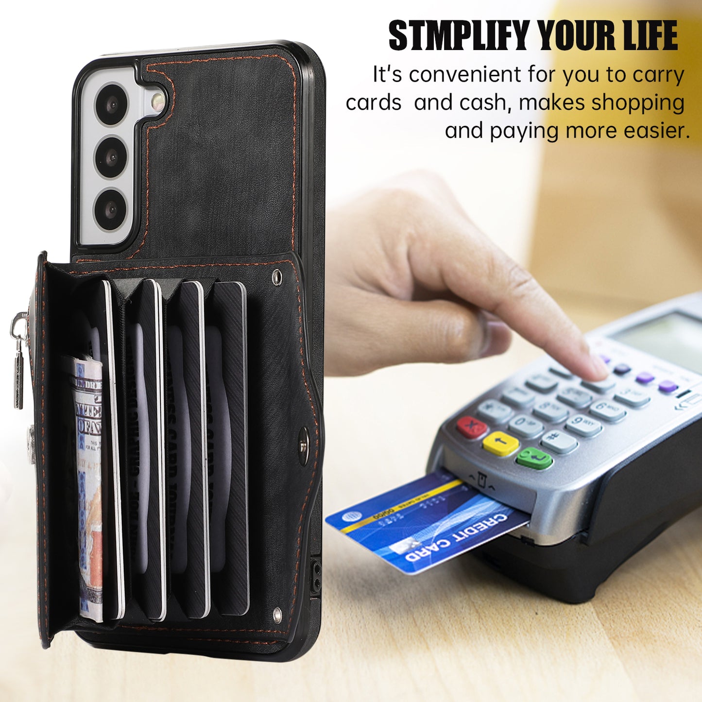 For Samsung Galaxy S21 FE 5G Smartphone Case Kickstand PU Leather+TPU Shell with RFID Blocking Card Bag