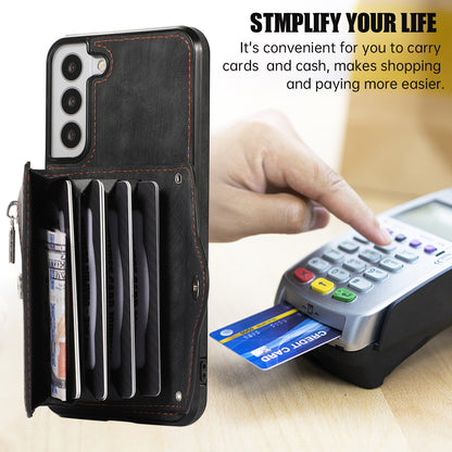 For Samsung Galaxy S21 FE 5G Smartphone Case Kickstand PU Leather+TPU Shell with RFID Blocking Card Bag