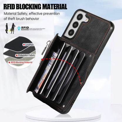 For Samsung Galaxy S21 FE 5G Smartphone Case Kickstand PU Leather+TPU Shell with RFID Blocking Card Bag