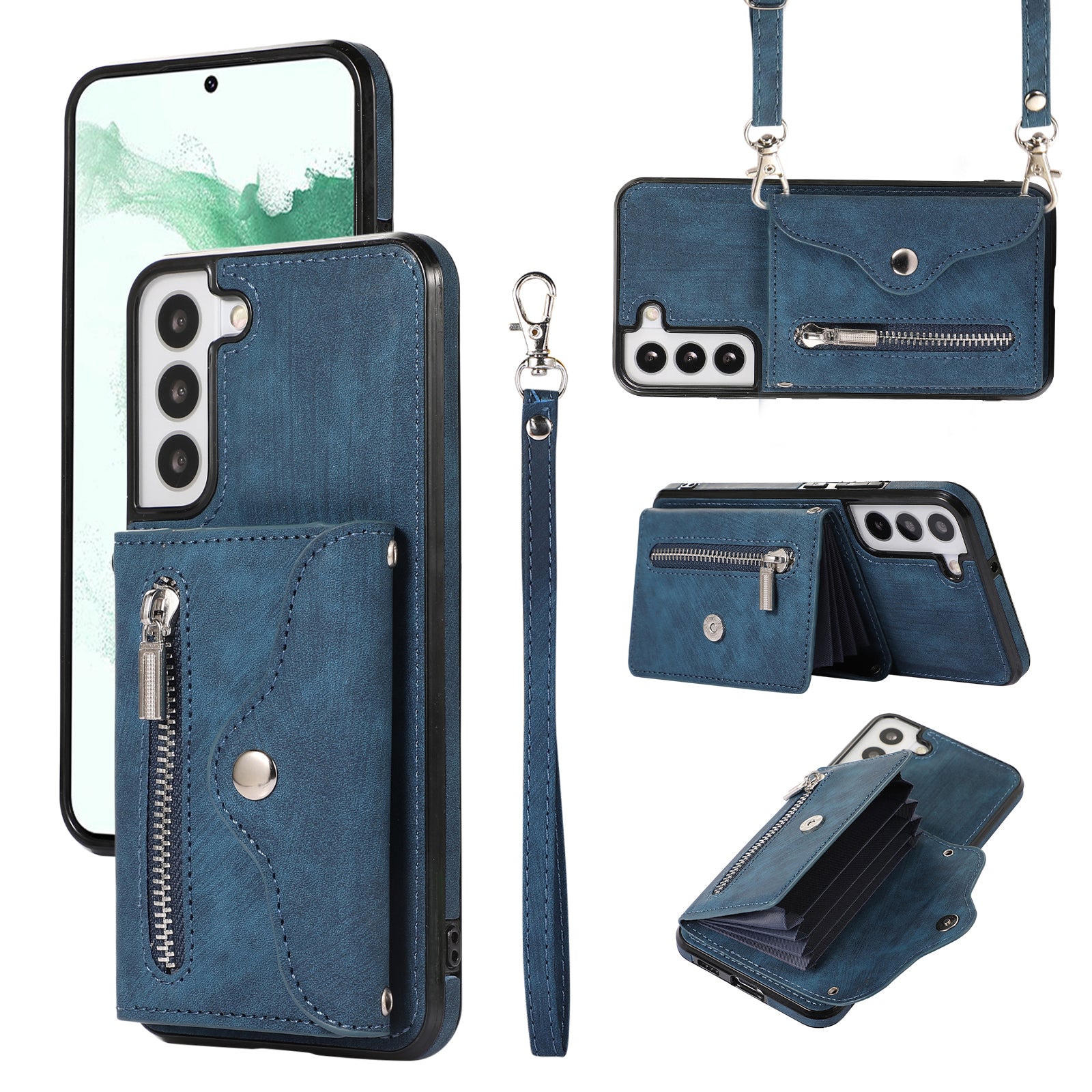 For Samsung Galaxy S21 FE 5G Smartphone Case Kickstand PU Leather+TPU Shell with RFID Blocking Card Bag