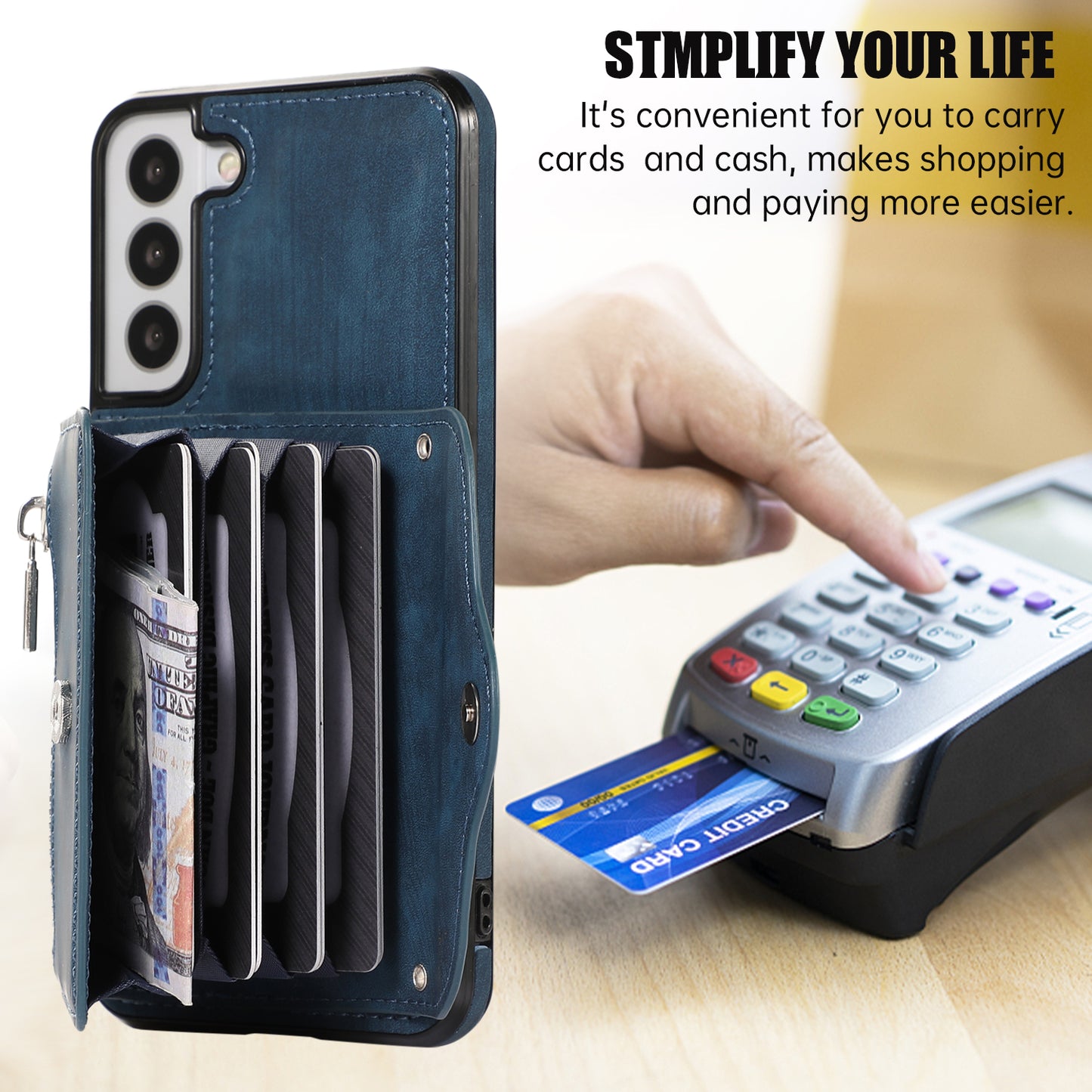 For Samsung Galaxy S21 FE 5G Smartphone Case Kickstand PU Leather+TPU Shell with RFID Blocking Card Bag