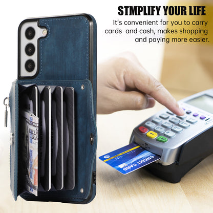 For Samsung Galaxy S21 FE 5G Smartphone Case Kickstand PU Leather+TPU Shell with RFID Blocking Card Bag