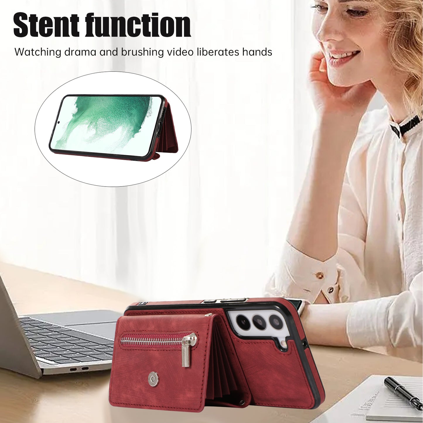 For Samsung Galaxy S21 FE 5G Smartphone Case Kickstand PU Leather+TPU Shell with RFID Blocking Card Bag