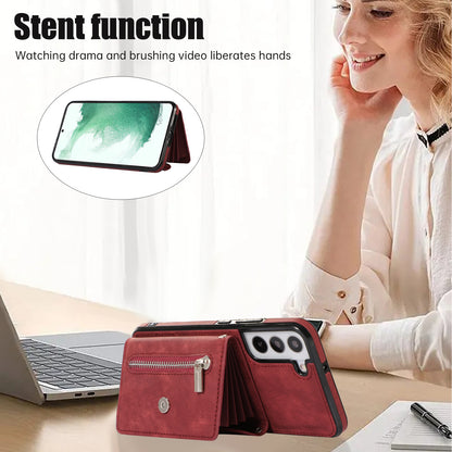 For Samsung Galaxy S21 FE 5G Smartphone Case Kickstand PU Leather+TPU Shell with RFID Blocking Card Bag