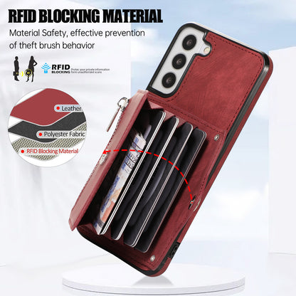 For Samsung Galaxy S21 FE 5G Smartphone Case Kickstand PU Leather+TPU Shell with RFID Blocking Card Bag